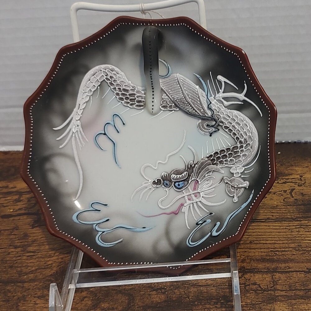 Moriage Embossed Blue Eyed Dragon Handled Nappy Plate RS Japan Porcelain Vintage